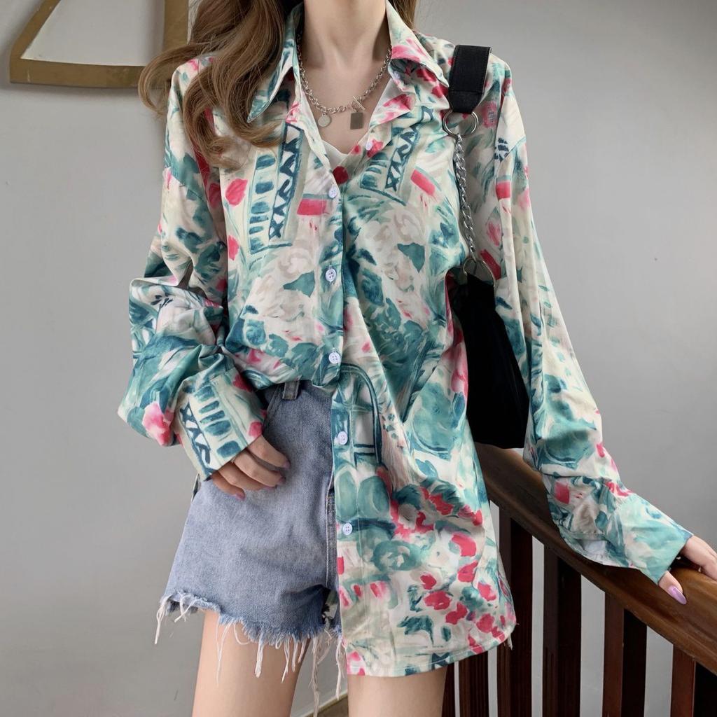 Long-sleeved Shirt for Women with A Sense of Design Thin Style Versatile for Wearing Outside Retro Hong Kong-style Floral Top with A Shirt Design