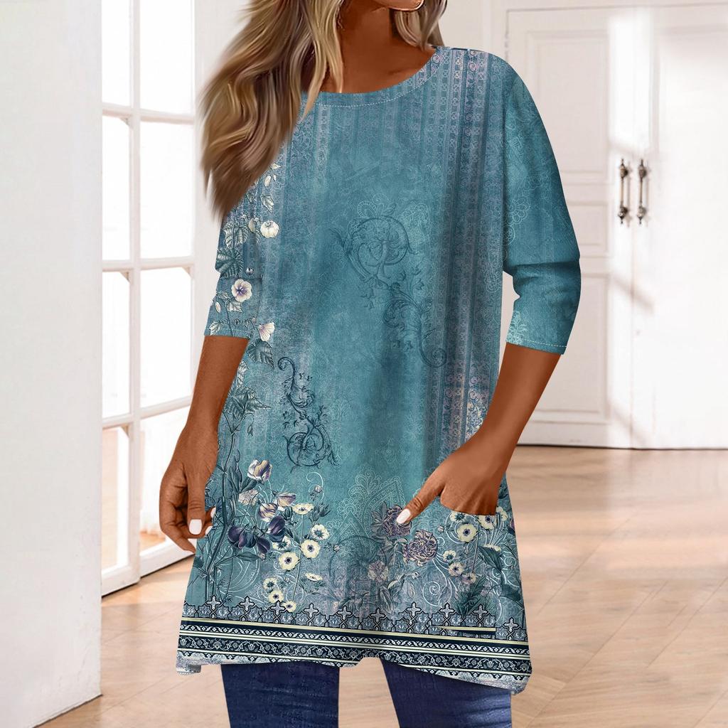 3/4-ermetopper for kvinner T-skjorte Casual Print Topper T-skjorte Rund hals Pullover Bluse