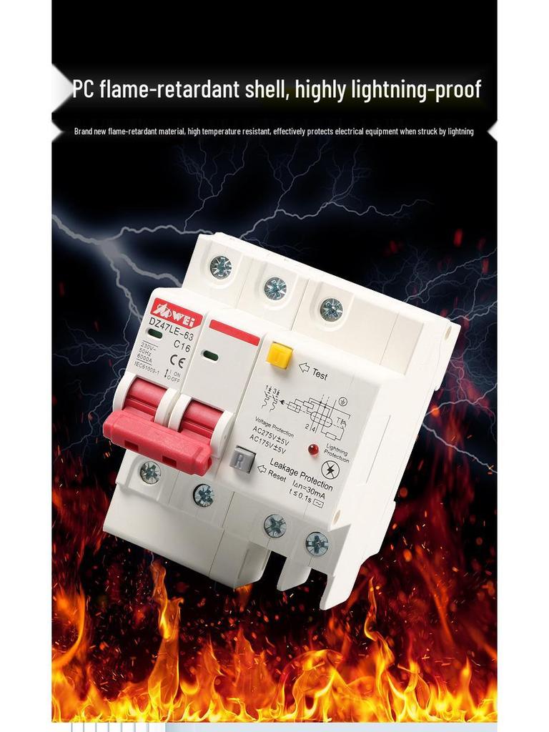 220V Dual-Pole Circuit Breaker: Lightning Protection, Over/Under Voltage, Leakage Guard, 32A/63A.