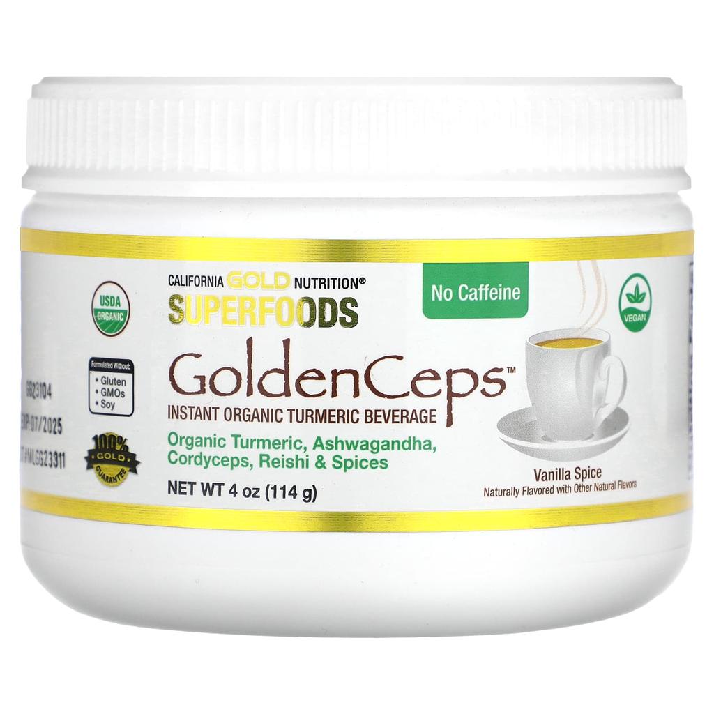 Superfood, Goldenceps, Organic Turmeric, Ashwagandha, Cordyceps, Reishi Mushroom, 114G(4Oz)