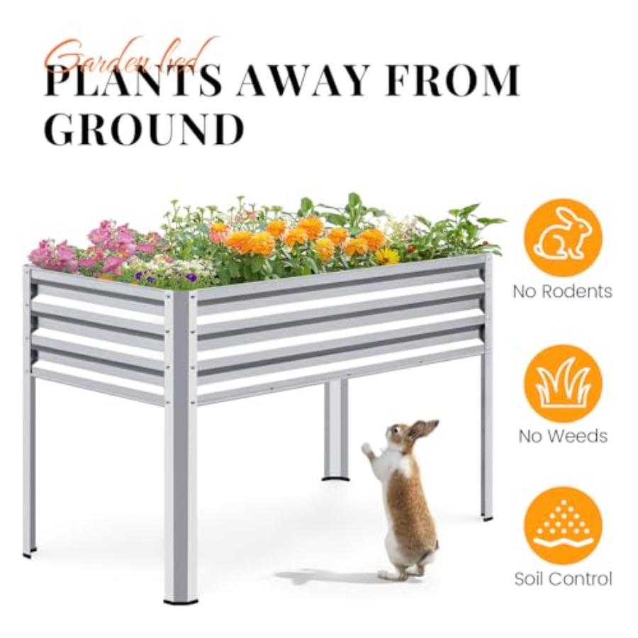 Large Raised Garden Bed with Legs Galvanized Elevated Planter Box 48×24×32 in for Backyard Patio Balcony 400lb Ccity Silver 2pc