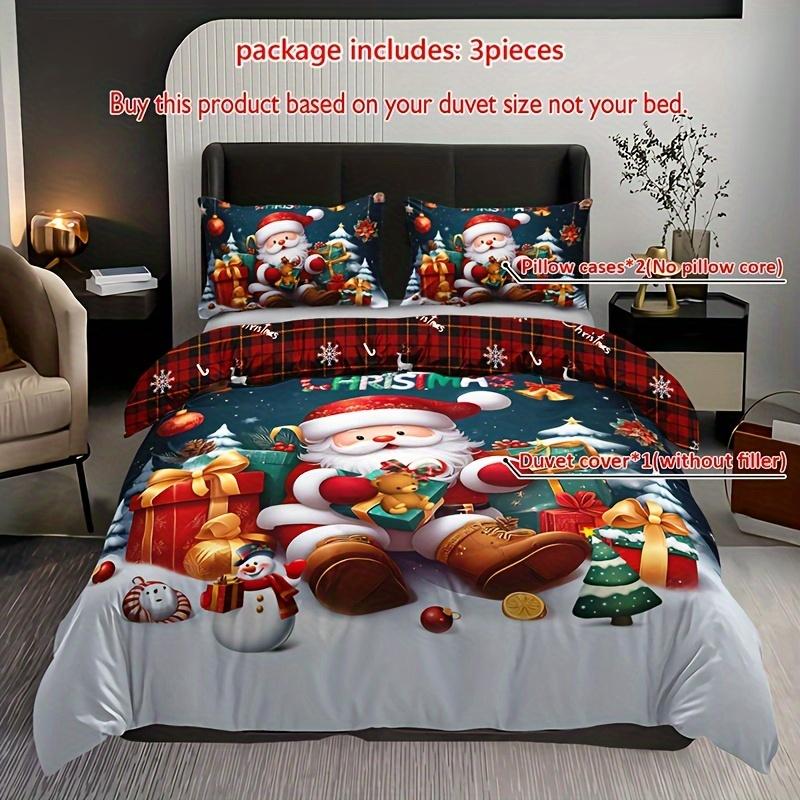 3pcs Christmas Bedding Set - Santa & Snowman Print Duvet Cover and Pillowcases, Breathable Polyester, Machine Washable