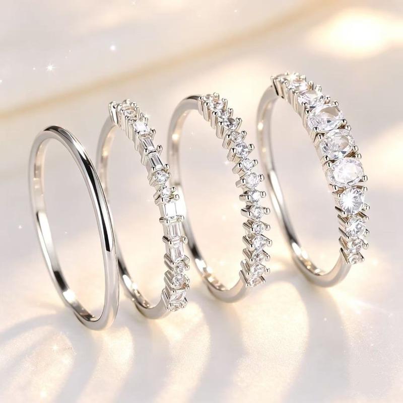 Four-piece Set of Exquisite and Elegant Timeless Silver-plated Rings, Inlaid with Sparkling Luxurious Synthetic Zircon, Perfect for Engagement and