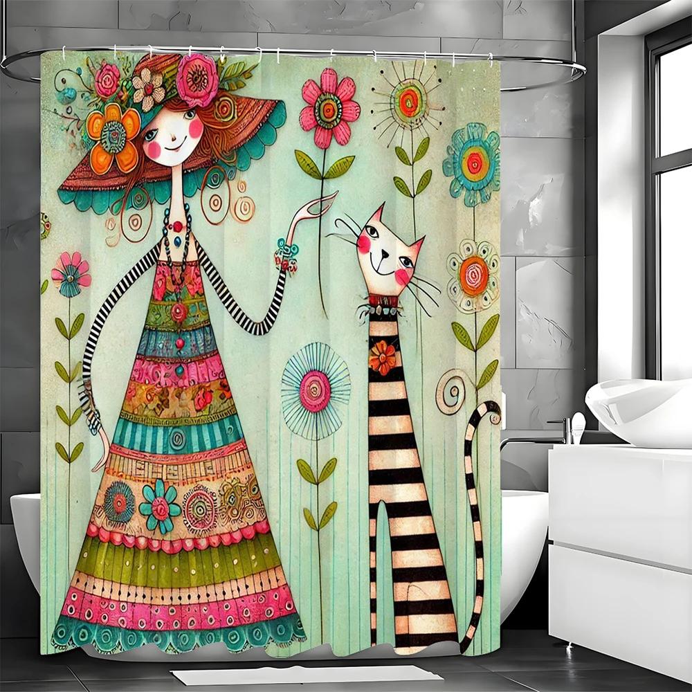 

Cartoon Little Girl Cat Floral Shower Curtain, Bathroom Decorative Shower Curtain, Waterproof Shower Curtain With Hooks W60H190(CM)-1 Pcs