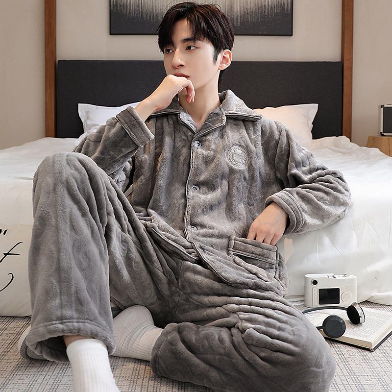 Men's Autumn/Winter Flannel Lapel Pajamas - New Arrival, Plus Velvet, Thickened Coral Fleece Homewear