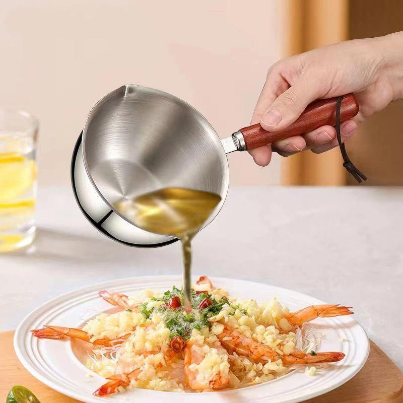 Stainless Steel Small Sauce Pan with Heat Insulation Wooden Handle Dual Pour Spouts for Kitchen Baby Porridge Cooking Milk Heating