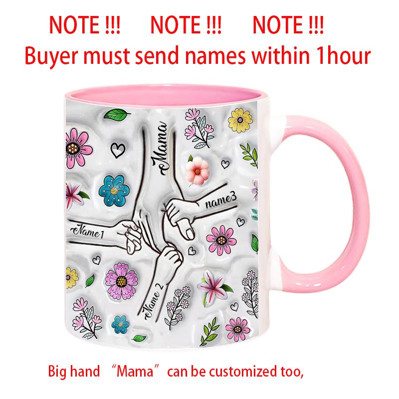 Personalize Name Mug Customize 3D Effect Printing Flowers Cup Holding Hands Coffee Mugs For Children and Mother's Day Gifts