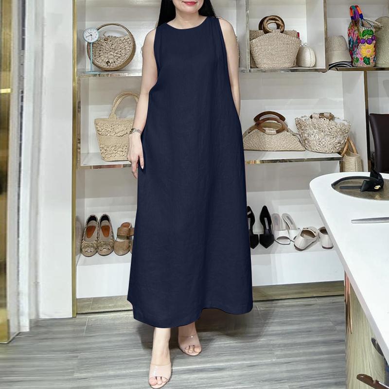 

ZANZEA Women Casual Summer O-neck Sleeveless Loose Long Dress 5XL тёмно-синий