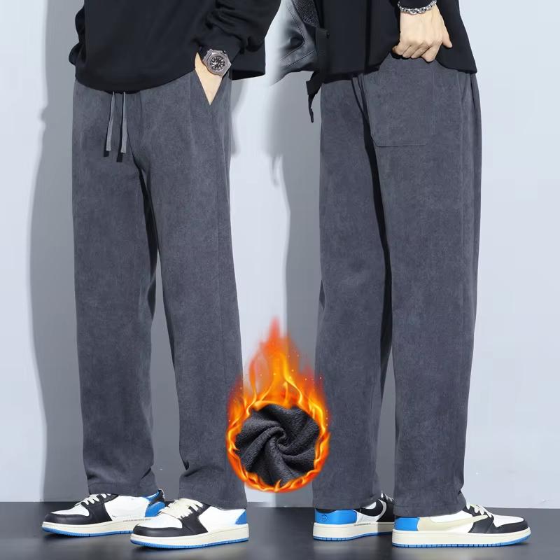 Coffee Khaki Black Gray Loose Casual Pants Men Winter Fleece Thermal Fashion Trousers Thick Velvet Straight Wide Leg Sweatpants