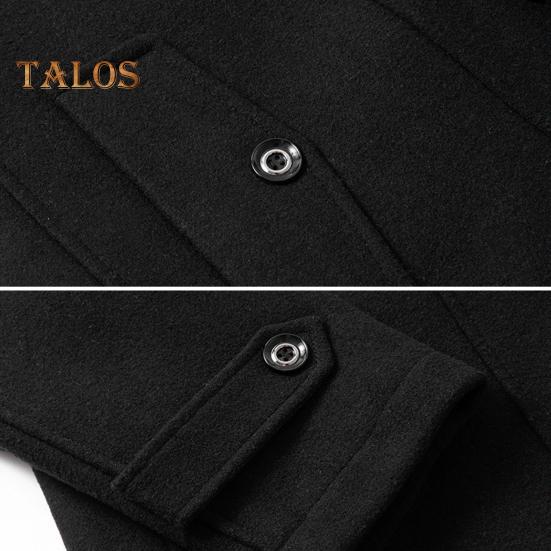 Men Woolen Coat Double Stand Collar Long Sleeve Single-Breasted Solid Color Jacket with Pockets Autumn Winter Mid-length Outwear