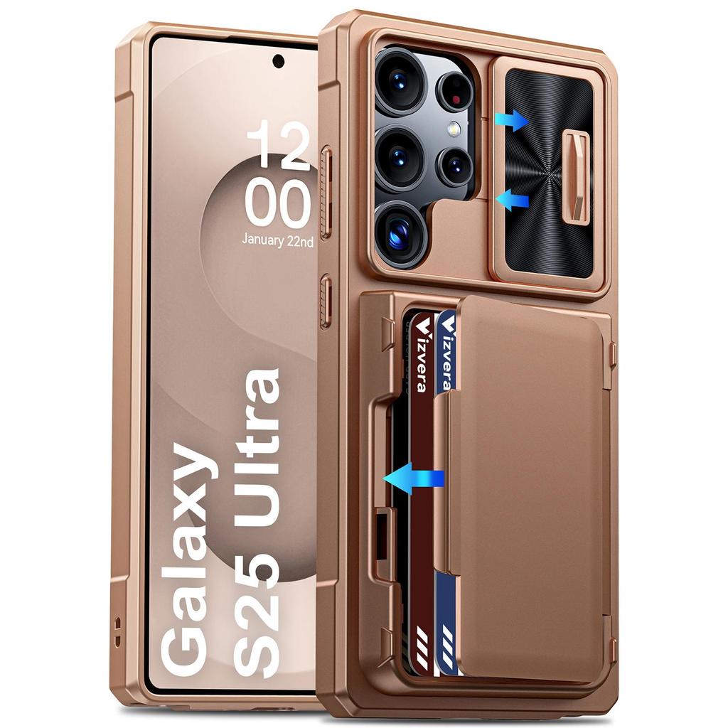 With Card Holder Sliding Camera Cover And Stand For Samsung Galaxy S25 Ultra Phone Case, Anti-Fall PC+TPU Wallet Case-Champagne