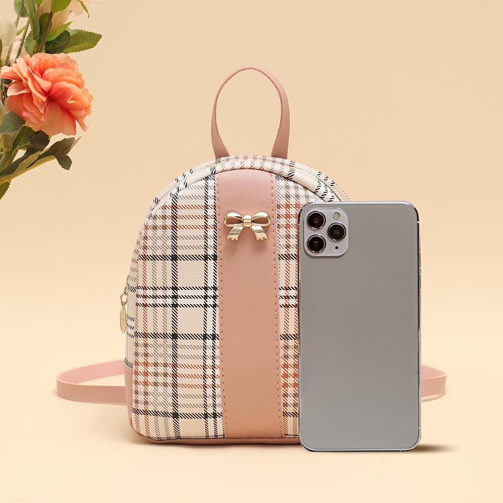 Women'S Fashion Backpack, Plaid Color-Block Small Backpack, Fresh Style Bow Casual Bag