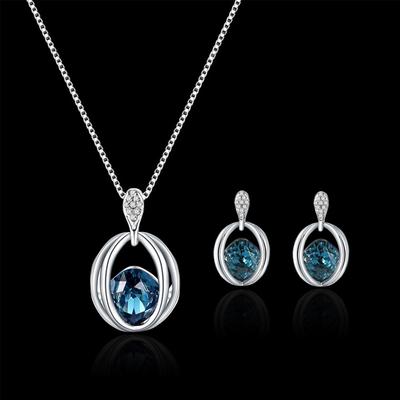 Women's Crystal Diamond Earrings Pendant Necklace Set Blue