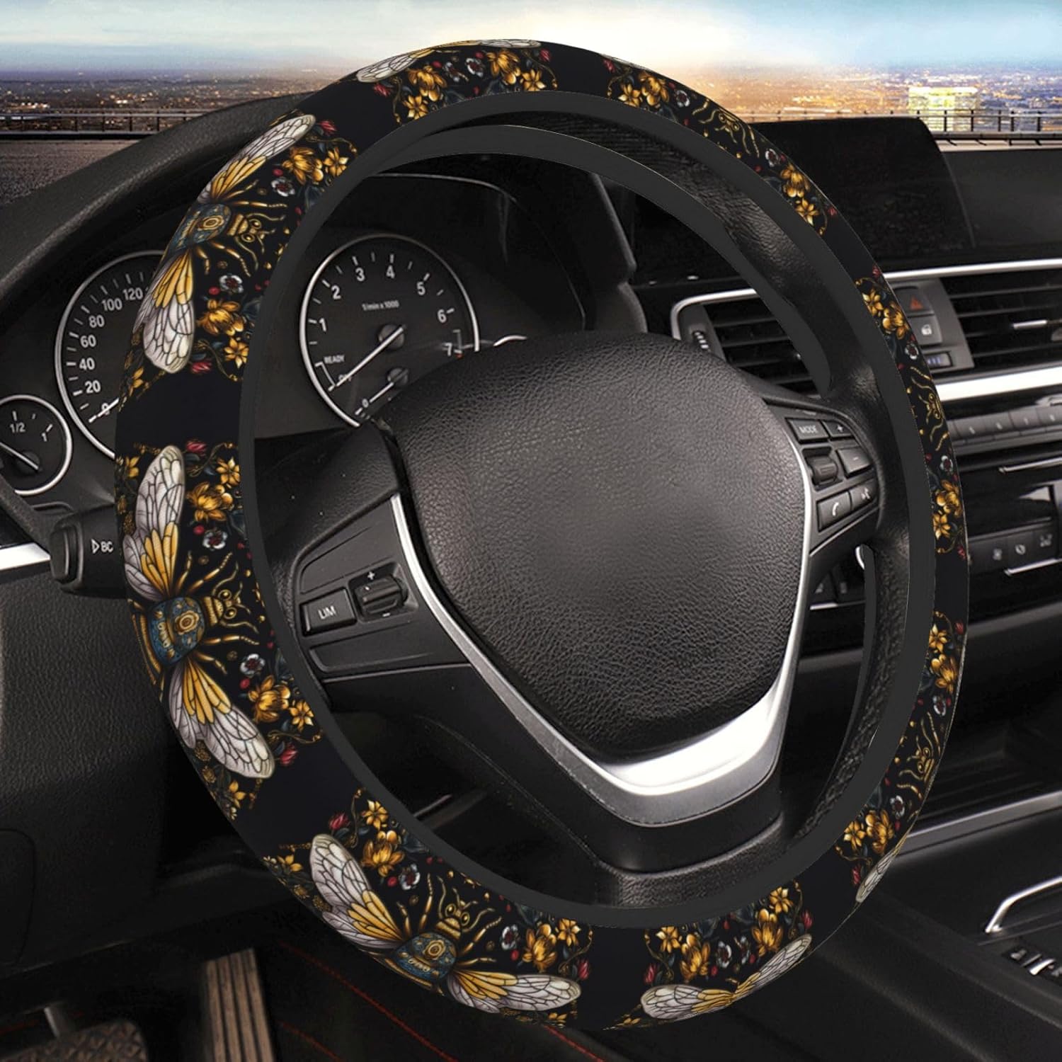 

Bee with Queen 1 Elastic Steering Wheel Cover, 15 Inch Thicken Universal Car Interior Accessories for Most Cars One Size