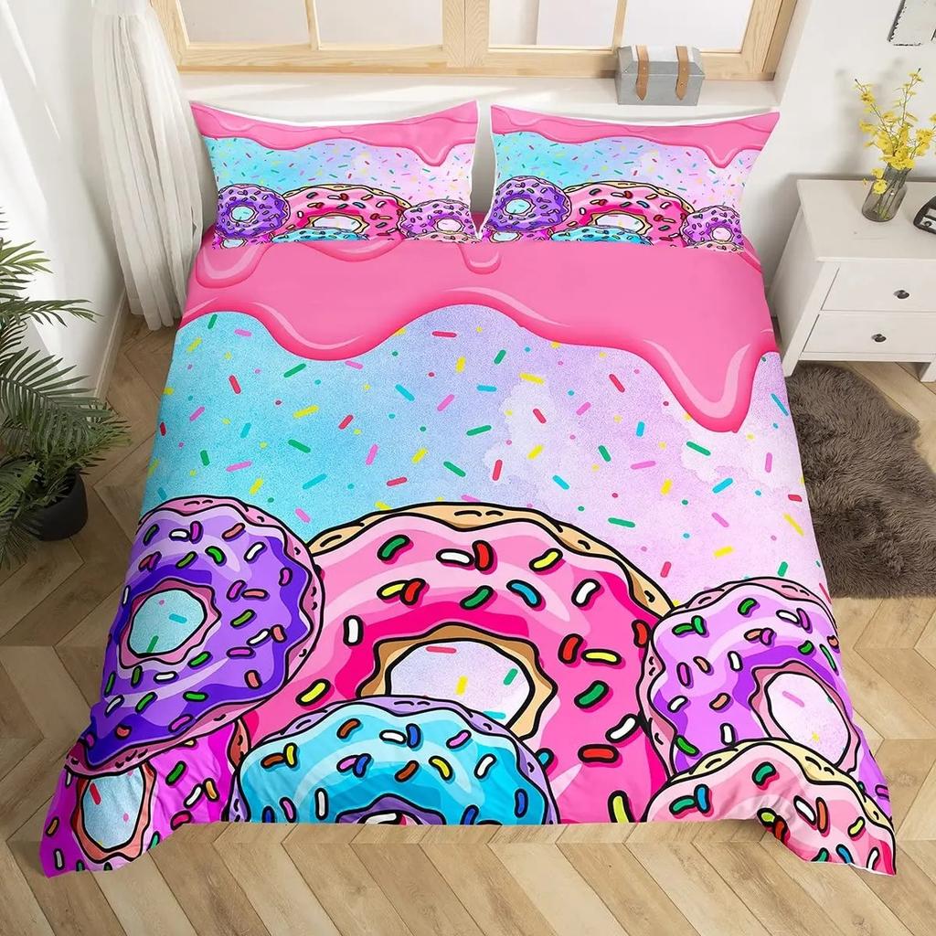 Kawaii Donut Duvet Cover Set Colorful Sweet Doughnut Bedding Set Delicious Dessert Pink Purple Comforter Cover Girls Room Decor