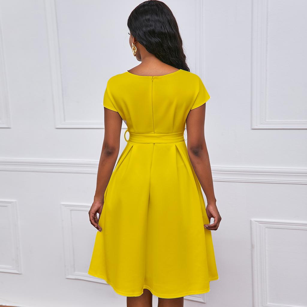 Large Size Women Summer Fashion Solid Bowknot Bandage Dress Ladies One Piece V Neck Nipped Waist Dress
