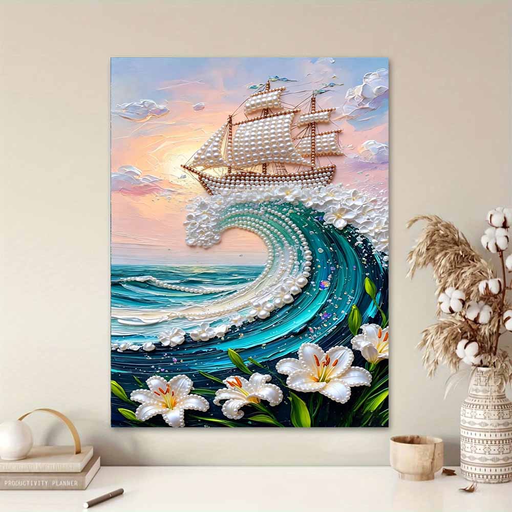DIY Frameless Pearl Painting Kit Sailing Ship Wave 3D Shiny Bead Art Canvas Relaxing Creative Craft for Home Wall Decor Gift