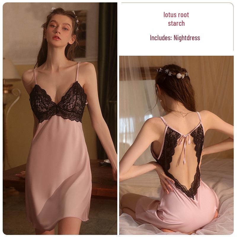 Stunning Satin Lace Backless Tie-Waist Camisole Nightgown Robe with Padding