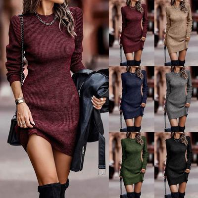 Women's Temperament And Winter Color Round Neck Long Sleeve Sexy Dress