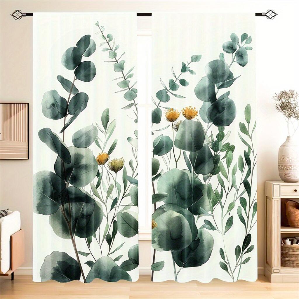 Nordic Fresh Green Leaves Print Curtains Modern Botanical Window Drapes 2 Panels Living Room Bedroom Curtains