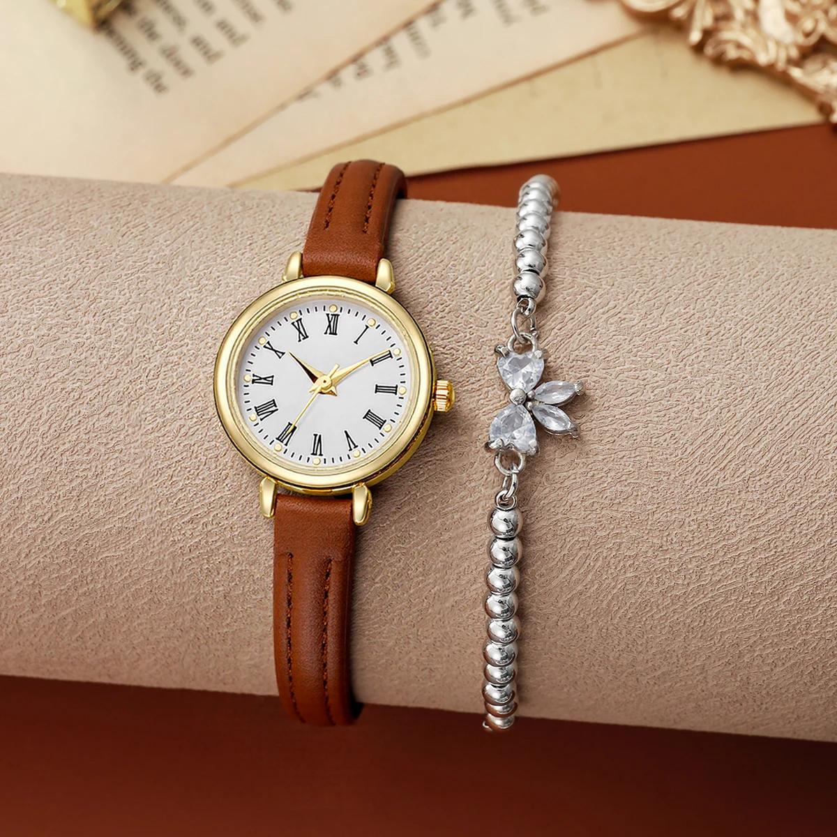 

Модные Ретро Простые Маленькие Круглые Часы с Кожаным Ремешком Женский Кварцевый Браслет Набор из 2 Штук, Подходит для Повседневной Носки, Свиданий кофейный