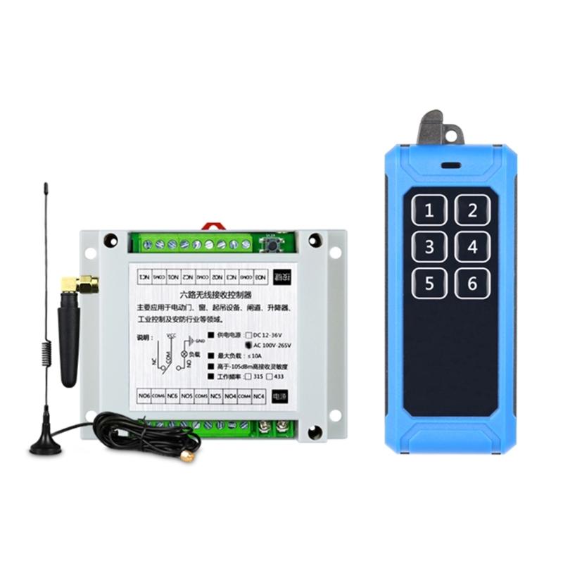 315Mhz/RF433Mhz Wireless Remote Control Switch DC 12V-24V Relay 6CH Receiver Controller and 6Button Transmitter
