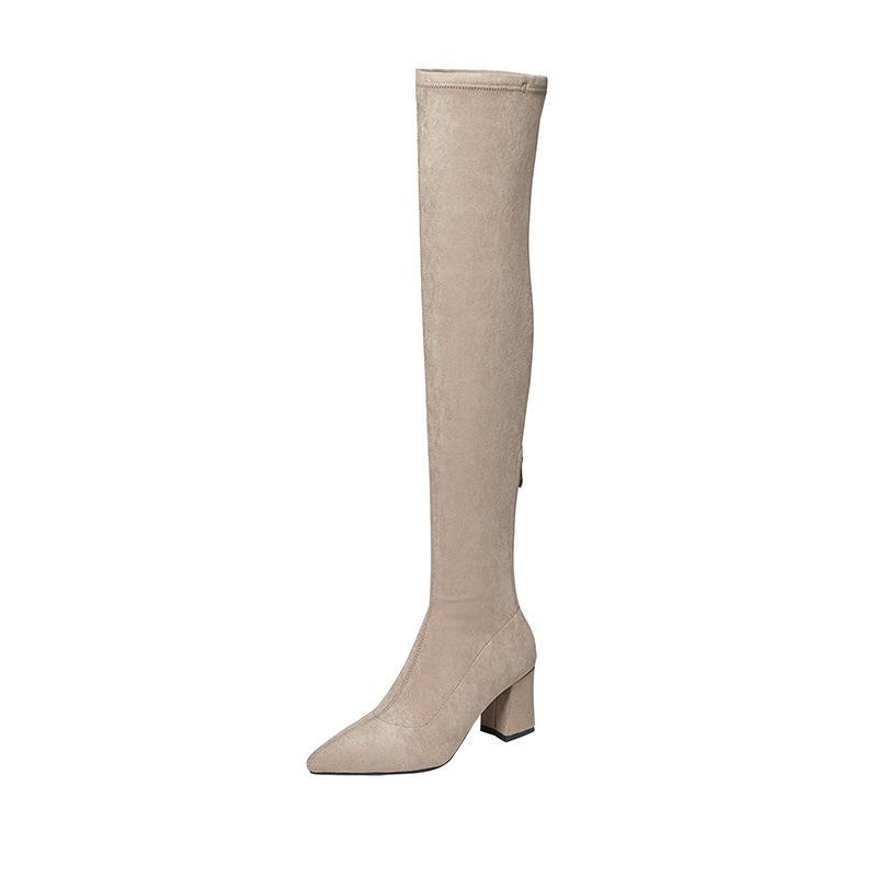 Boots Women's Elastic Boots Pointed High Heel Boots Women's Over-Knee Boots Suede High Boots Khaki