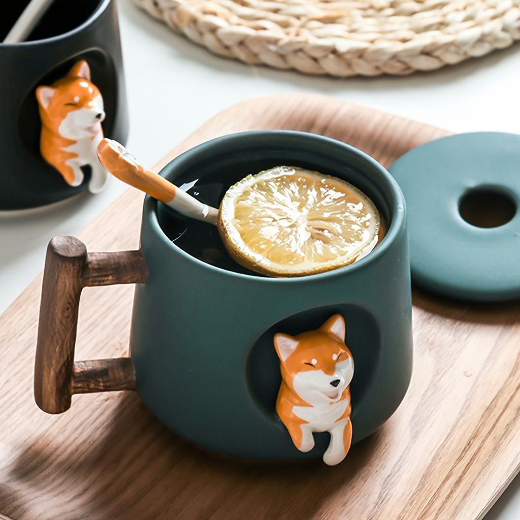 3D-Kaffeetasse mit süßer Hundestatue mit Deckel und Löffel, Teetassen mit 14,2 Unzen Keramikgriff, bemalte lustige Welpenfiguren-Tassen, Geburtstagsgeschenke, Trinkbecher