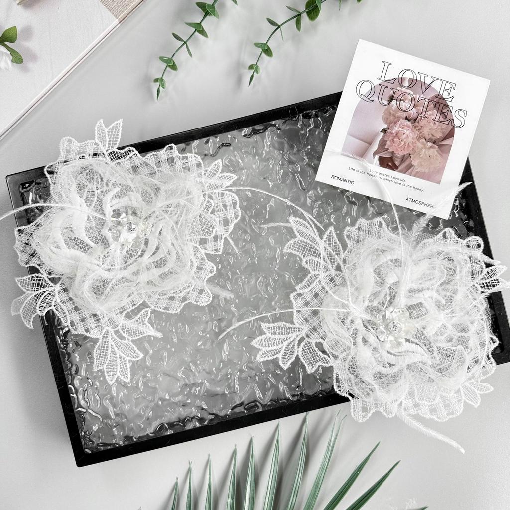 White Lace Feather Bead Embroidery Decal Clothing Luggage Dress Hair Accessories Decorative Cloth Stickers Accessories