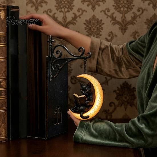 Ambient Lighting for Bookshelves Gothic Metal Bookends with Hanging Light, Cat Raven Ghost Decorative Crow Ancient Book End Bookshelf Lamp,
