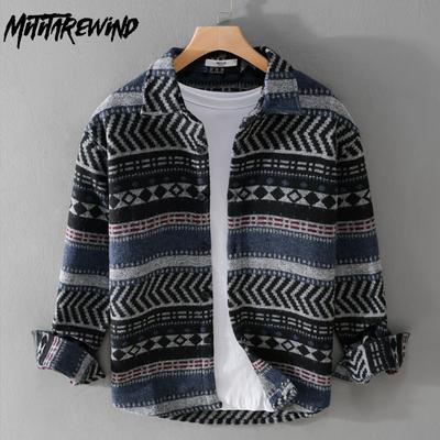 Autumn and Winter Men Shirt Streetwear Ethnic Striped Printed Shirt Male Casual Long Sleeve Thicken Brushed Shirt Vintage Loose Shirts