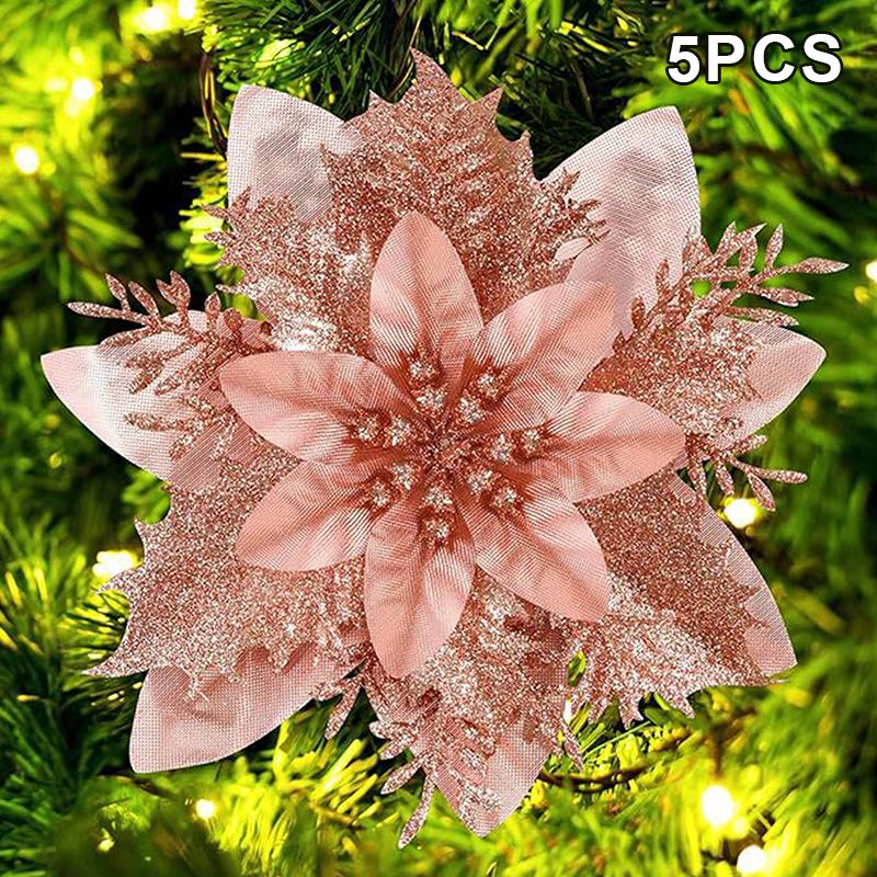 5PCS Christmas Golden Glitter 14cm Flower Christmas Tree Decoration Ornaments Color Glitter Home Party Decoration Supplies