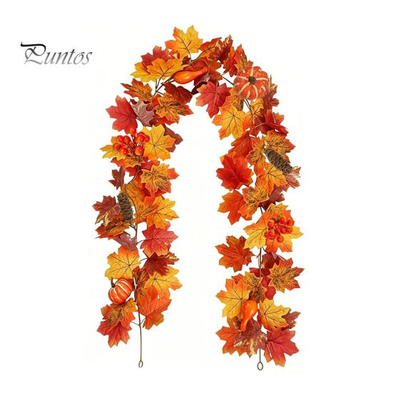 Holiday Gifts for Family Artificial Fall Maple Leaf Wreath, Autumn Vine with Pine Cones Pumpkins, Reusable Realistic Orange Red Leaves Hanging