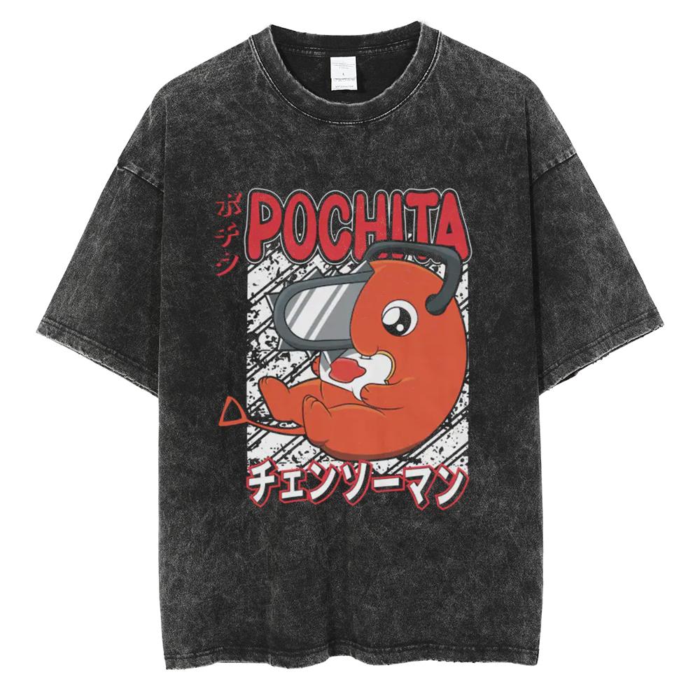 Anime Chainsaw Man Pochita Kawaii Printed Washed Tshirt Men Vintage Casual Tshirts Manga Cotton T Shirt Harajuku Male Tops