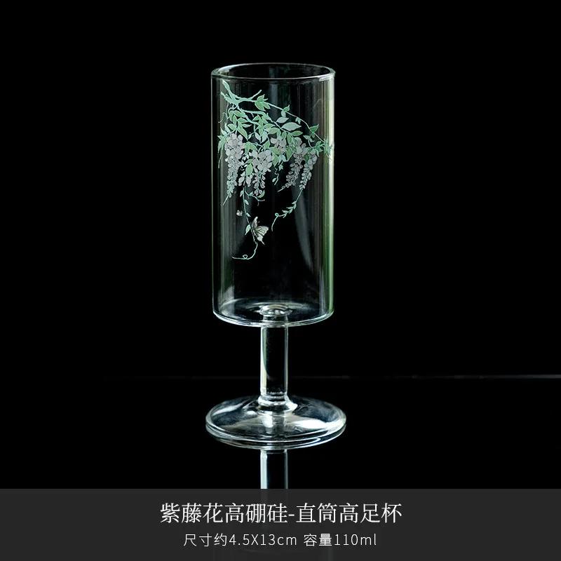 

110ml Wisteria Flower Borosilicate Glass Teacup Straight Tube Foot Cup Green Tea Brewing Special Glass Cup Household Water Jug