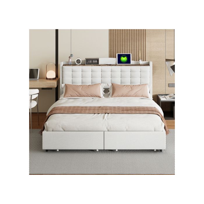 Lit double rembourré - MUVOE - 160x200 cm - Tiroirs de rangement - Prise USB intégrée - Tissu lin Beige