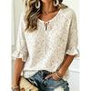 Women's Tie Keyhole Neck Blouse, White Base Tiny Pink Ditsy Floral Scroll Print, Loose Fit for Spring Summer Daily Outfits