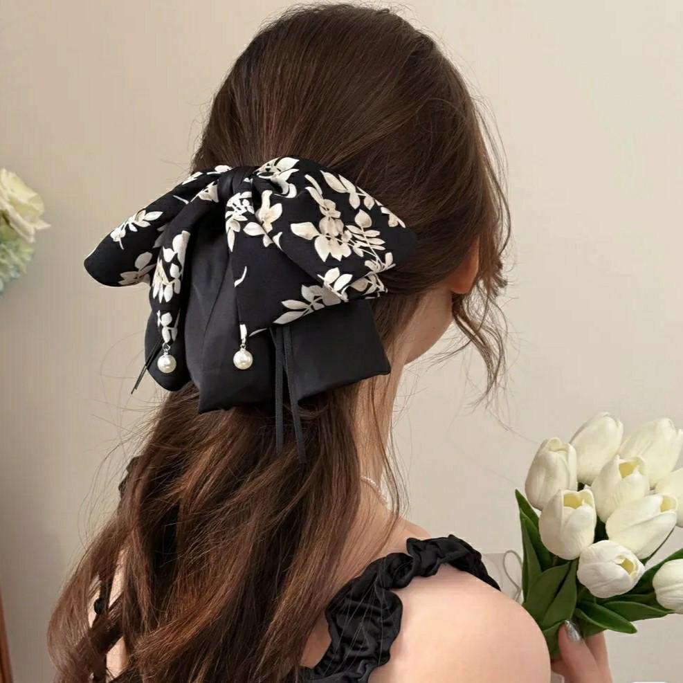 Elegant French Retro Bow Ponytail Clip and Ink Wash Skirt Hair Tie for Women