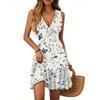 Women's Summer Dress V Neck Sleeveless Casual Floral Print Hem Pleated Dress