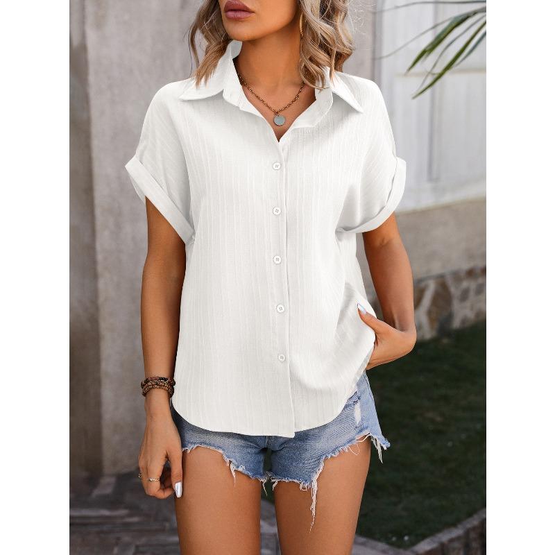 Women's Shirt Summer New Loose Casual Short Sleeve Single Breasted Shirts for Women Fashion Elegant Solid Color Office Ladies Blouses Simple Tops