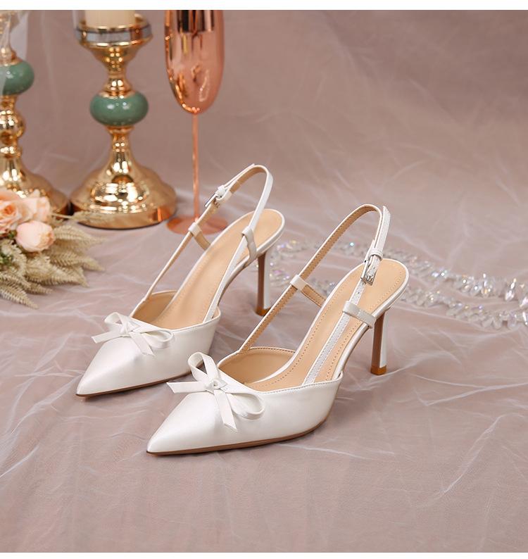 Fashion Women Pumps White Wedding Shoes Bride Luxury Satin Butterfly-knot Pointed Toe Adjustable Slingback Heels Elegant Women Heels