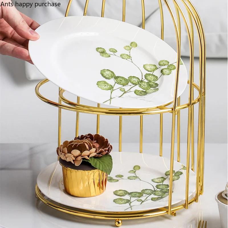 Schmiedeeisen Keramik Tortenständer Obstschale Doppelschicht Kuchenform Snack Dessertteller Displayständer Desktop Dekorativer Rahmen