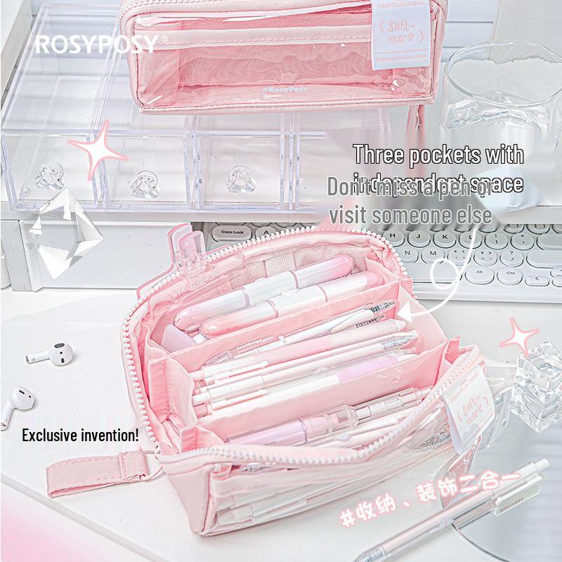 RosyPosy Transparent Prism Pencil Case: Spacious, Triple-Zipper Design for Students