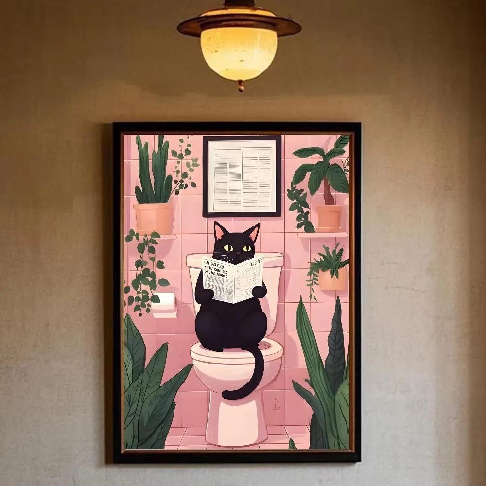 Funny Black Cat Reading Newspapers On The Toilet Canvas Print Green Pink Animal Wall Art Poster for Modern Bathroom Home Decor