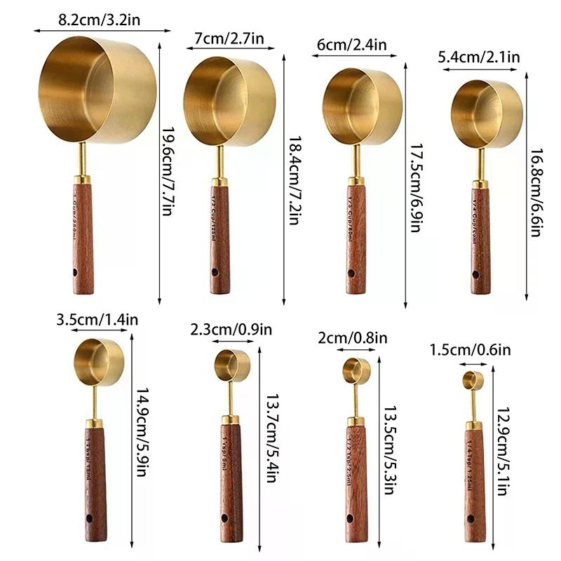 Tazze e Cucchiai Misuratori in Acciaio Inossidabile con Manico in Legno Dorato Strumenti per la Cottura Set di Cucchiai Misuratori per Caffè Accessori per Bilancia da Barman