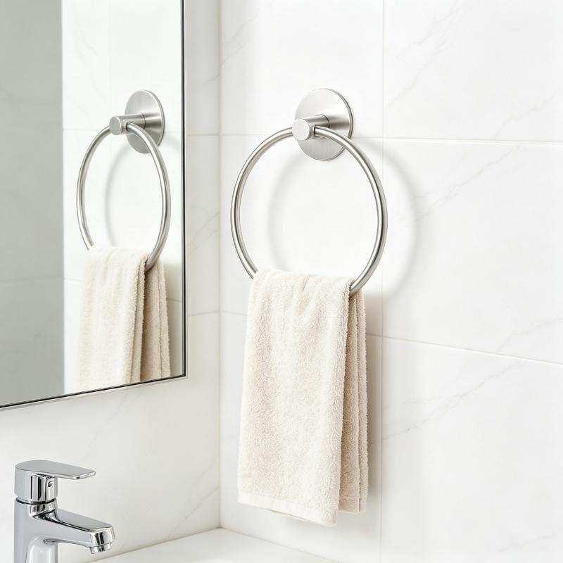 Wall Mounted Towel Holder With Adhesive Base, Metal Round Towel Loop for Bathroom Kitchen Tile Glass Marble and Guest Room Indoor Use