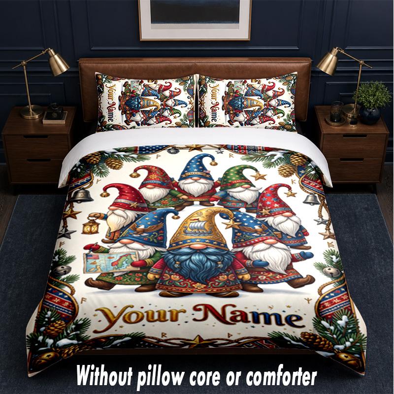 Gnome Theme Custom Text Or Name 3Pcs Bedding Set,1 Flat Sheet & 2 Pillowcases Personalized Home Bedding