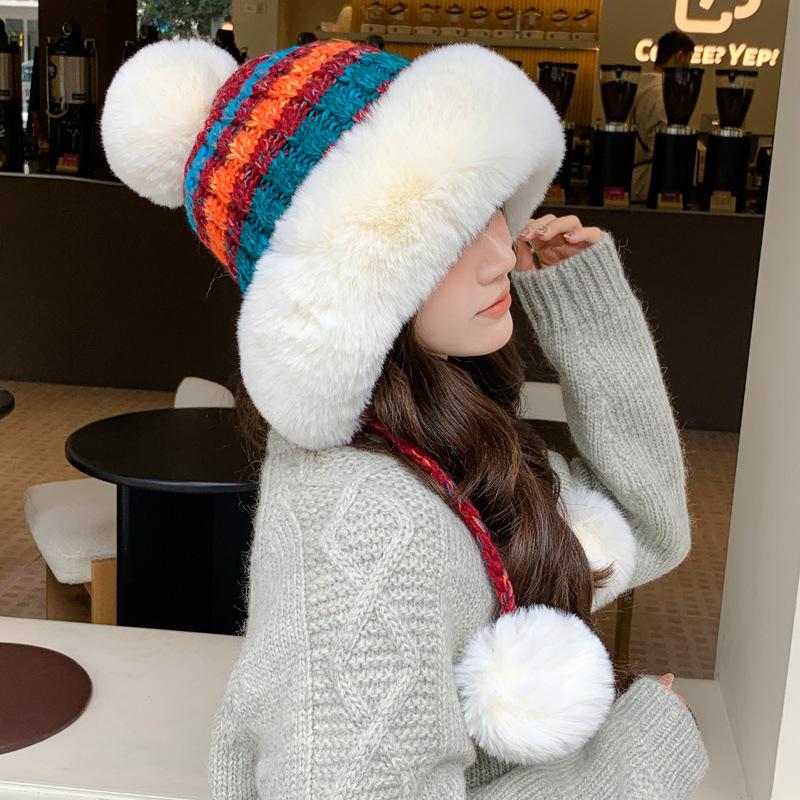 Autumn and Winter New Wool Hat Women's Warm Ear Protection Windproof Big Head Circumference Piled Thickened Hairball Knitted Hat
