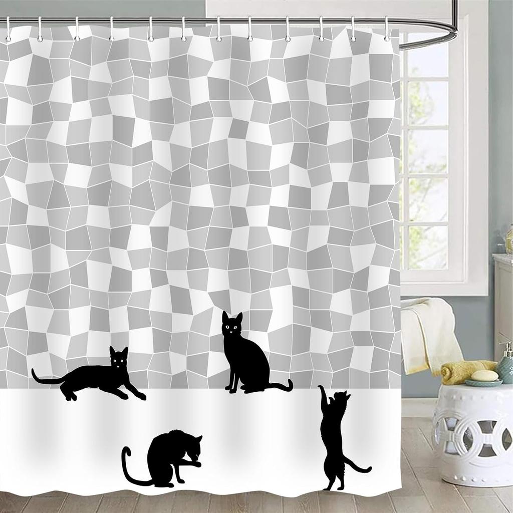 Cute Cat Shower Curtain,Funny Black Cat White Mosaic Bathroom Accessory Set,Black Fun Silhouette Shower Curtain Polyester Fabr
