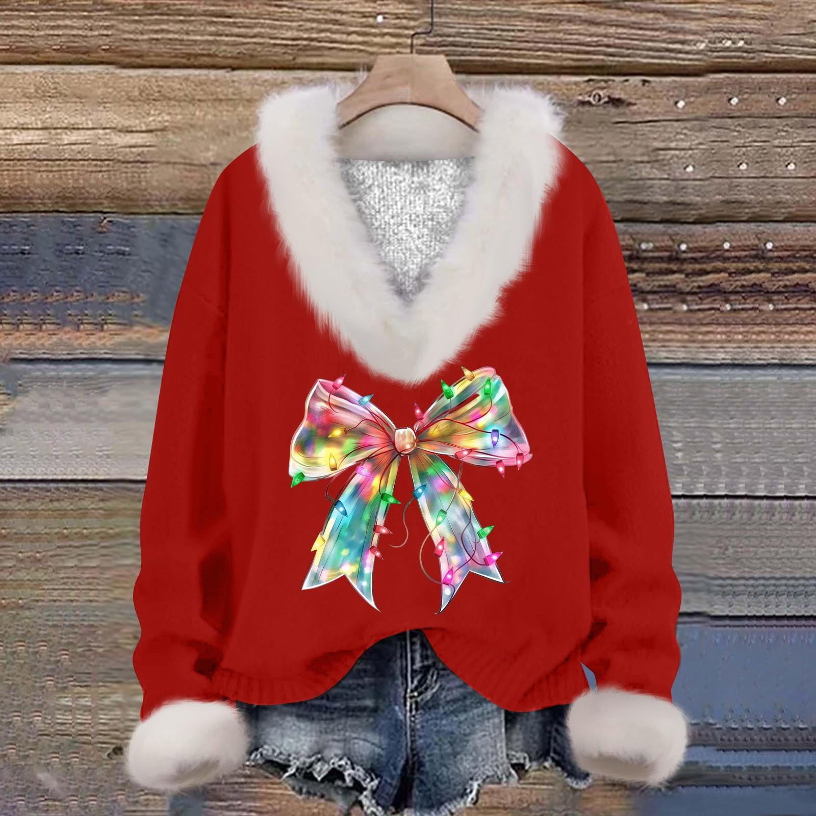 

Женская мода повседневный рождественский принт длинный рукав V-образный вырез трикотажный свитер пуловер топ M киноварь